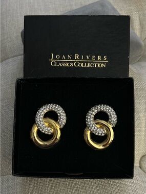 Joan Rivers VintageClip On Earrings Pave Rhinestone Gold Tone Interlocking LooP